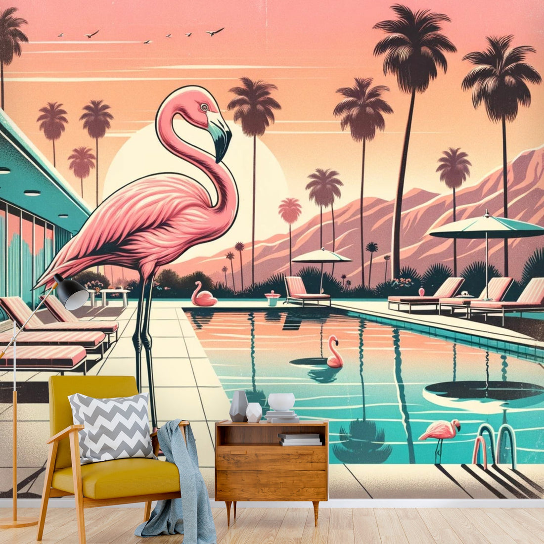 Palm Springs,California, Vintage Inspired Kitschy 50s Flamingos Wall Murals Wallpaper H110 x W120