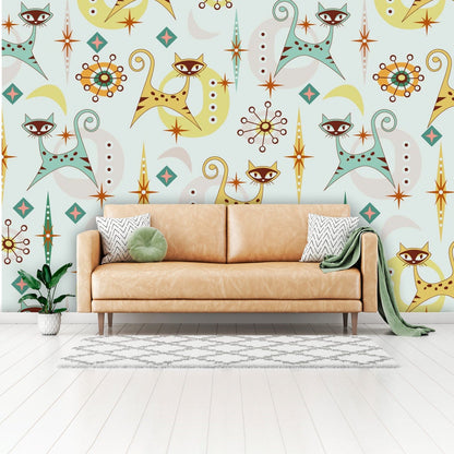 Crazy Cat Mom, Kitschy Mid Century Modern Wallpaper, Peel And Stick Wall Murals Wallpaper H110 x W160