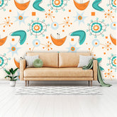 Mid Century Modern Atomic Boomerange, Wallpaper, Peel And Stick, Orange, Teal Beige Wall Murals Wallpaper H110 x W160