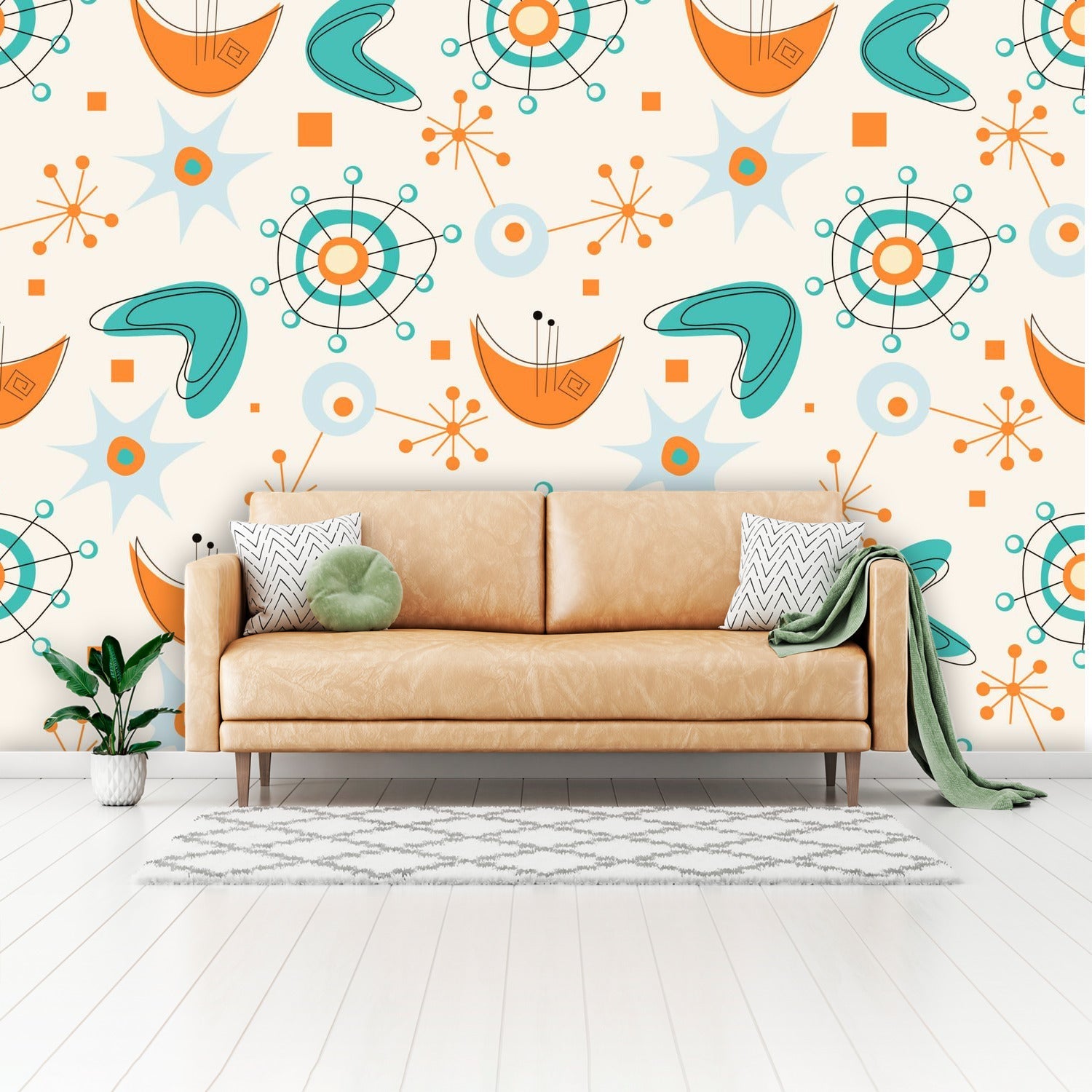 Mid Century Modern Atomic Boomerange, Wallpaper, Peel And Stick, Orange, Teal Beige Wall Murals Wallpaper H110 x W160