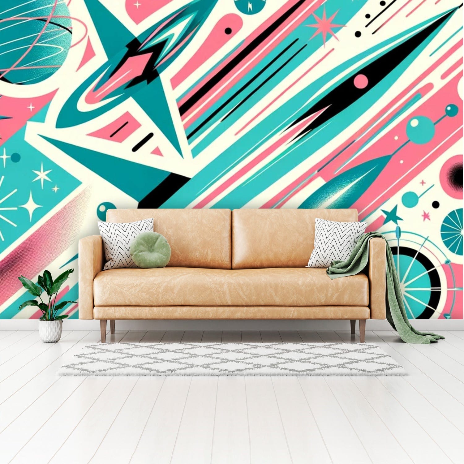 Mid Century Modern Atomic Space, Pink, Aqua, Modern Peel And Stick Wall Murals Wallpaper H110 x W160