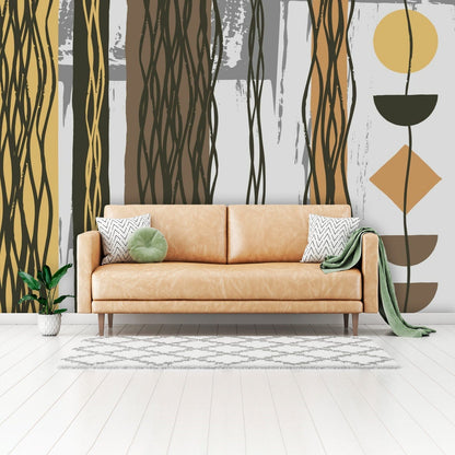 Mid Century Modern Boho Abstract, Retro Brown, Yellow, White, Gray Peel And Stick Wall Murals Wallpaper H110 x W160