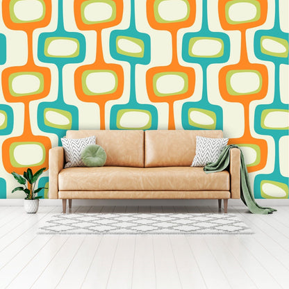 Mid Century Modern, Googie Designs, Orange, Green, Teal Blue Peel And Stick Wall Murals Wallpaper H110 x W160