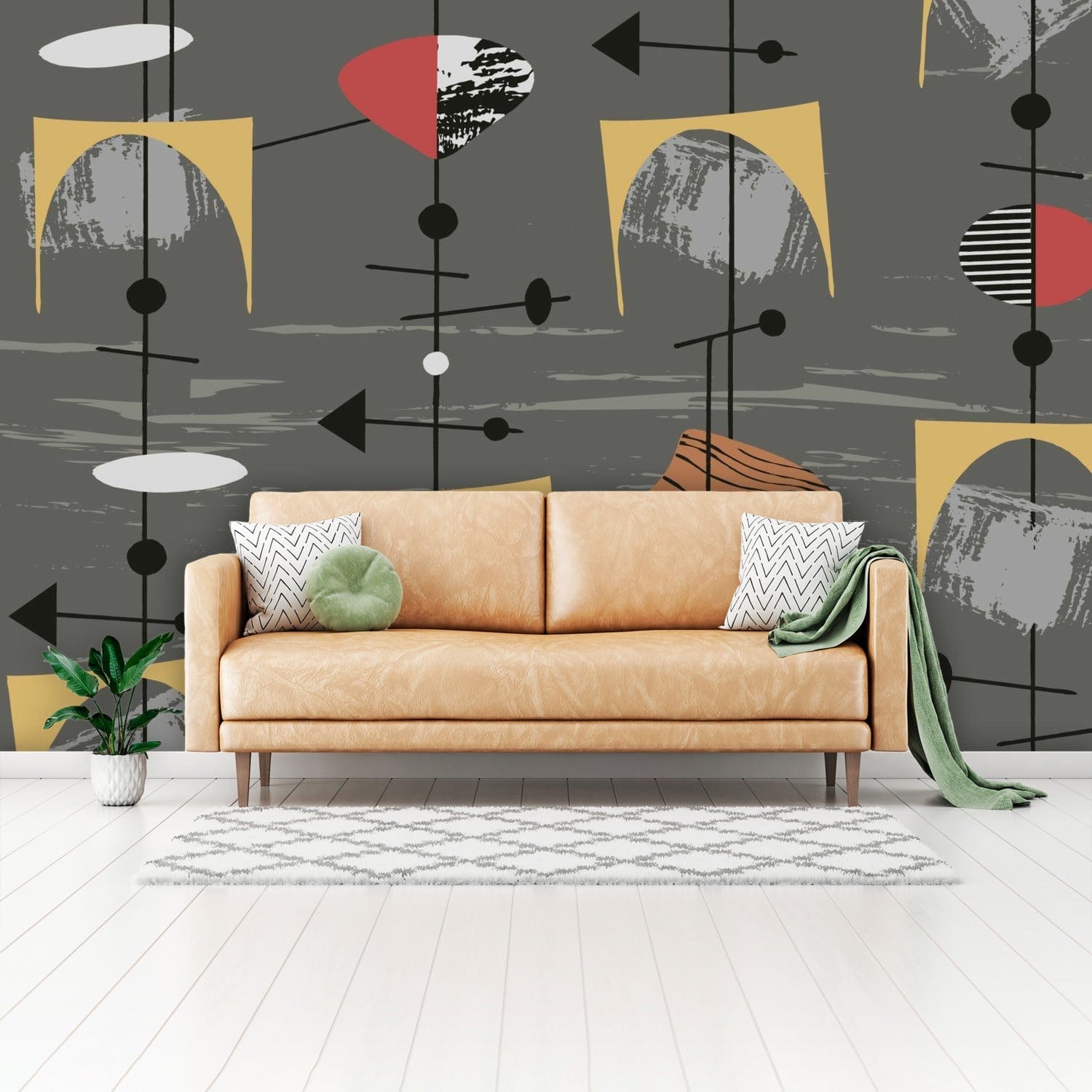 Mid Century Modern Gray, Mustard Yellow, Abstract, Geometric Peel And Stick Wall Murals Wallpaper H110 x W160