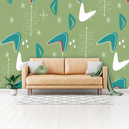 Mid Century Modern Green, Teal Boomerange Starburst MCM Wallpaper Peel And Stick Wall Murals Wallpaper H110 x W160