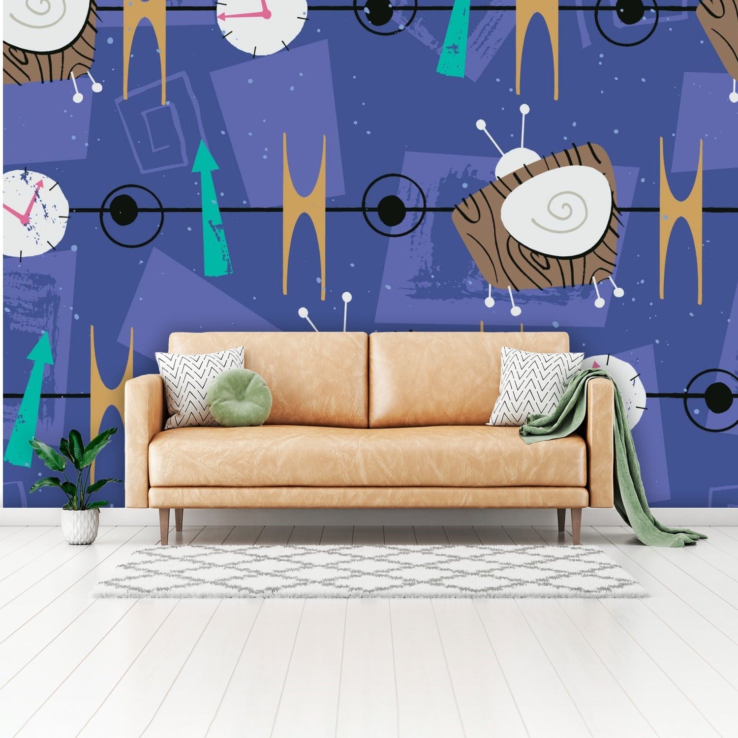 Mid Century Modern, Kitschy Fun Periwinkle, Abstract Retro TV Peel And Stick Wall Murals Wallpaper H110 x W160