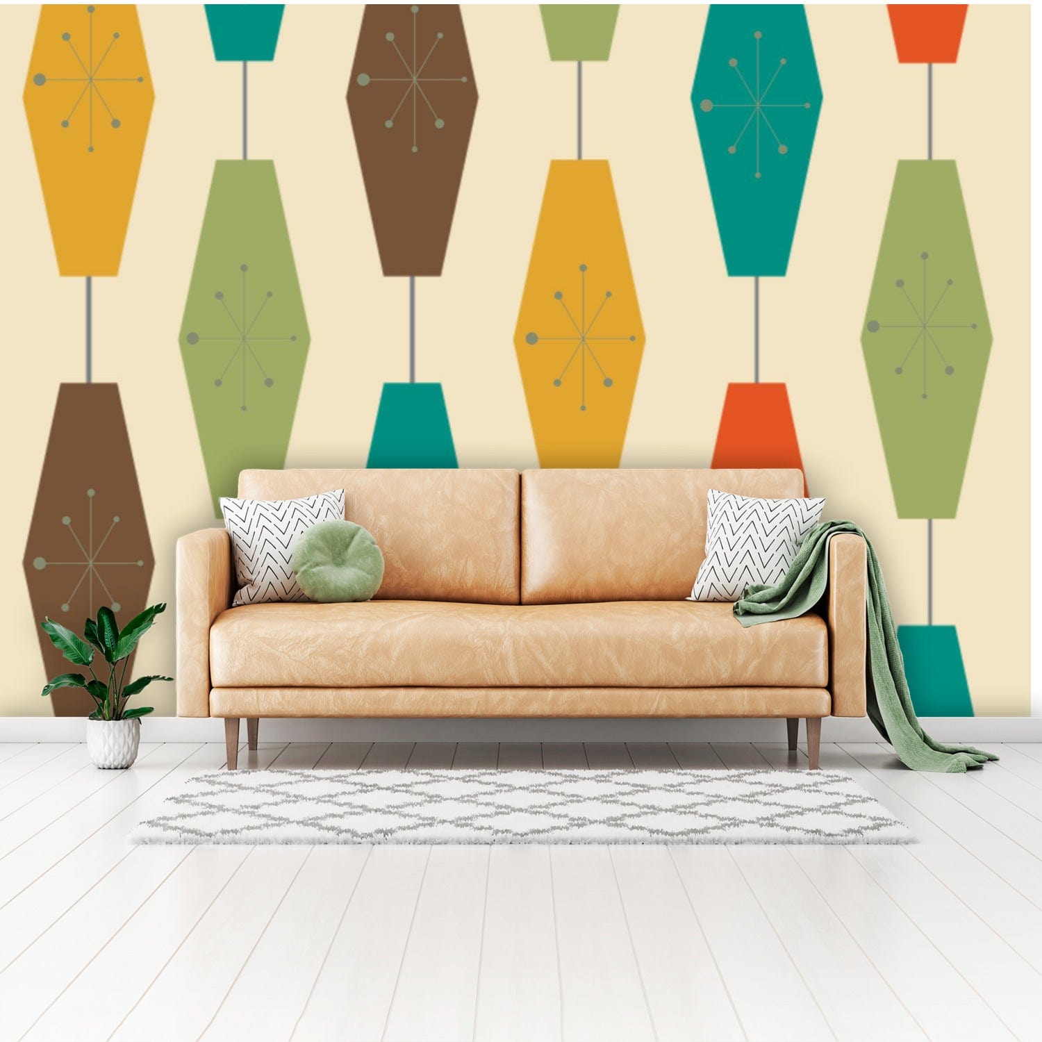 Mid Century Modern Peel And Stick, Retro Geometric Groovy Lights, Atomic Starburst Pattern Wall Murals Wallpaper H110 x W160