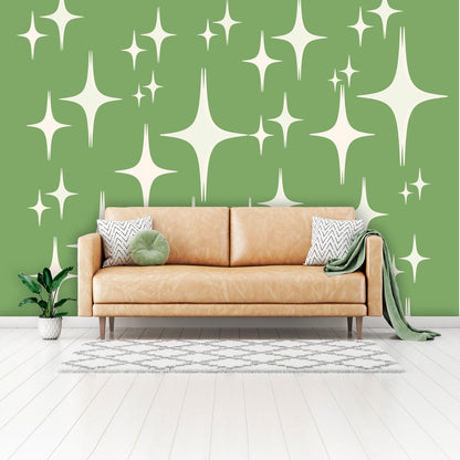 Mid Century Modern Wallpaper, Atomic Starbursts, Green 50&