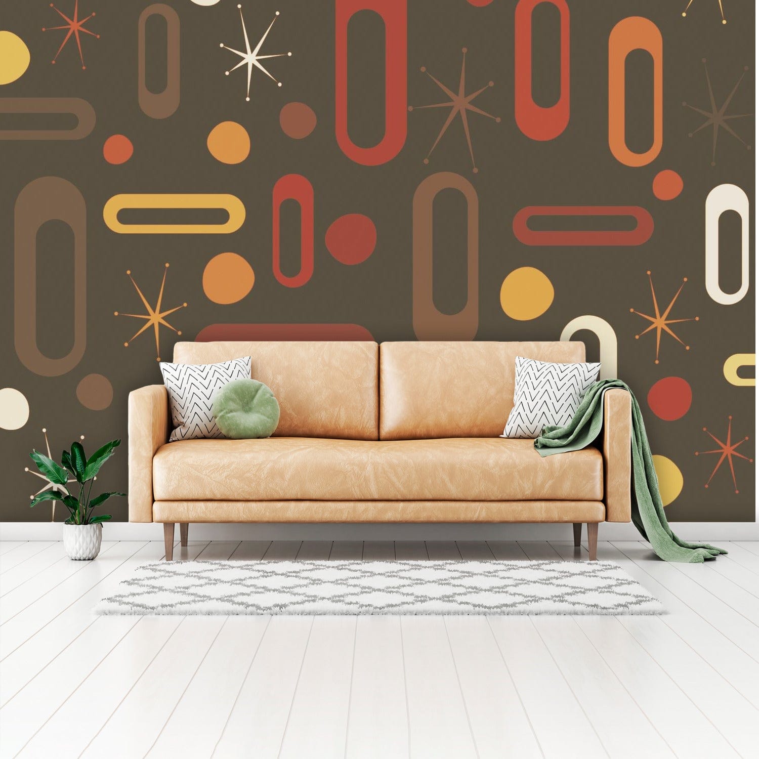 Mid Century Modern Wallpaper, Peel And Stick, Chocolate Brown, Atomic Starburst Wall Murals Wallpaper H110 x W160