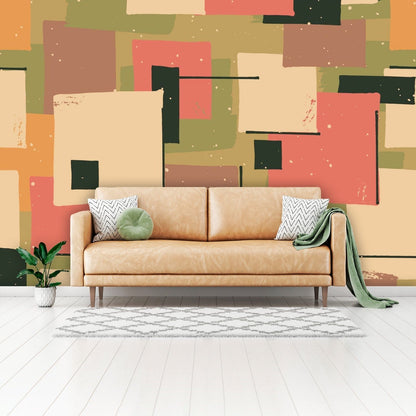 Mid Century Modern Wallpaper, Salmon, Green, Black, Orange, Geometric Retro Peel And Stick Wallpaper H110 x W160