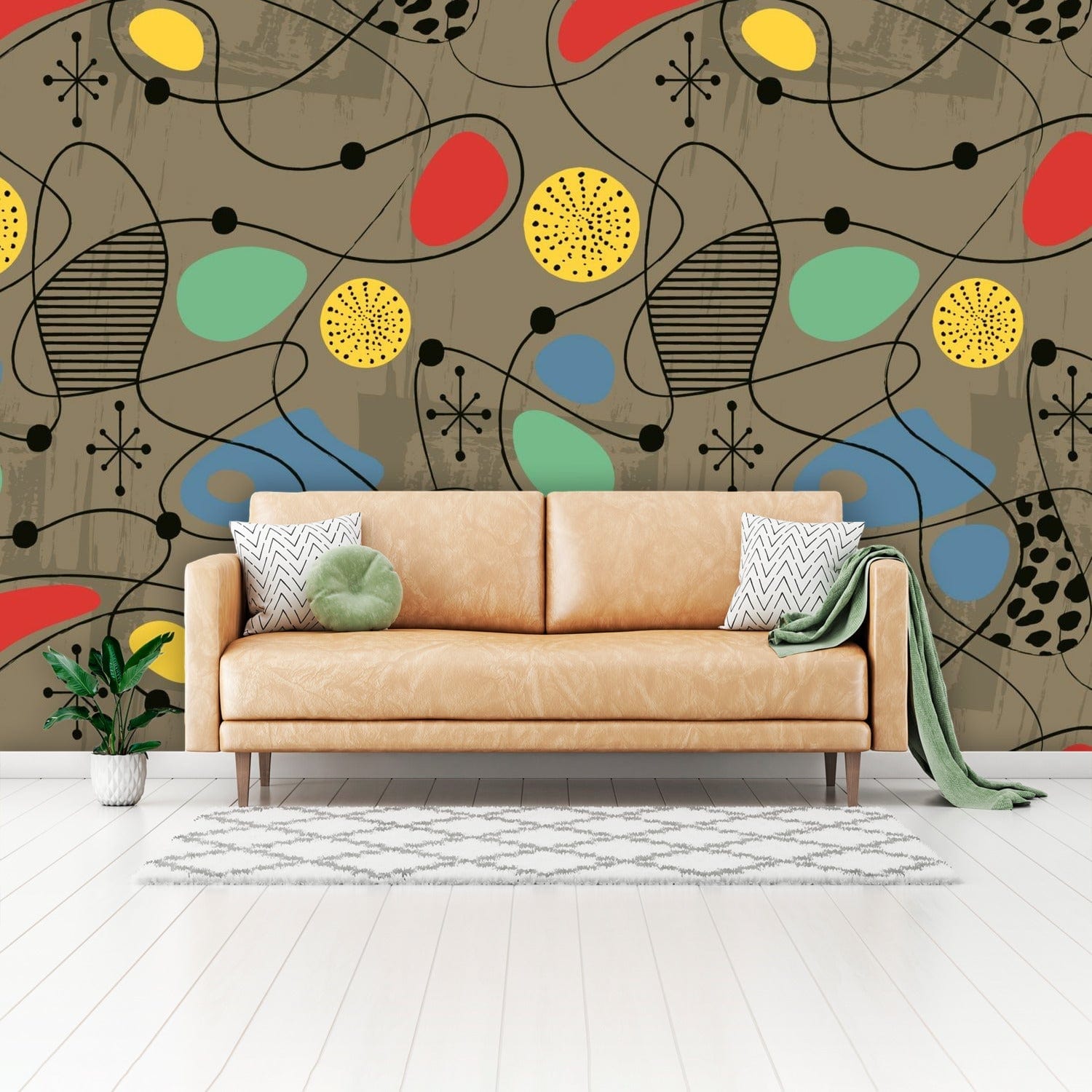 Mid Century Modern Wallpaper Sand Brown, Abstract Retro Atomic Starburst Peel And Stick Wall Murals Wallpaper H110 x W160