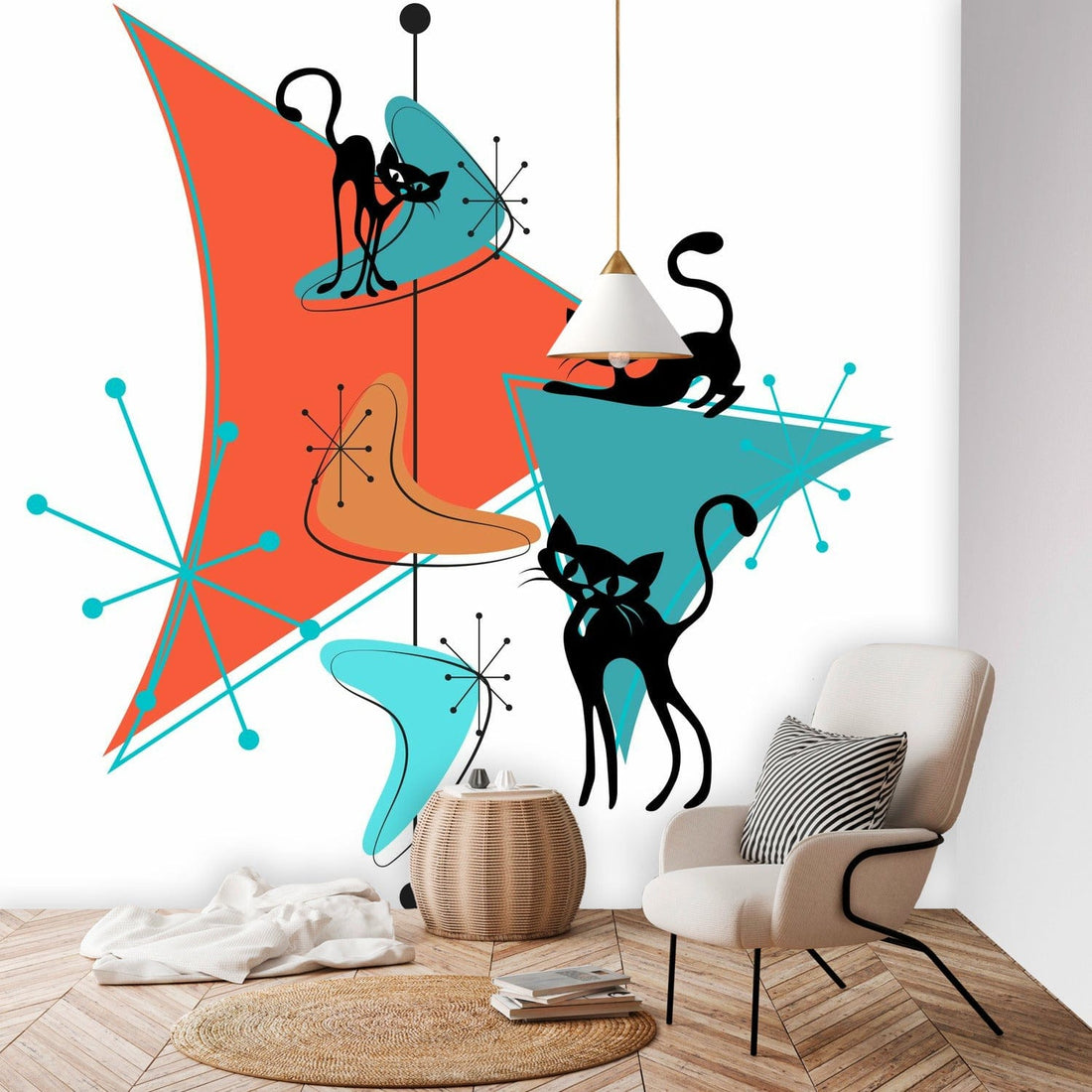 Atomic Cat Designed Peel And Stick, Kitschy Mid Century Modern Wall Paper Wall Mural Wallpaper H96 x W100