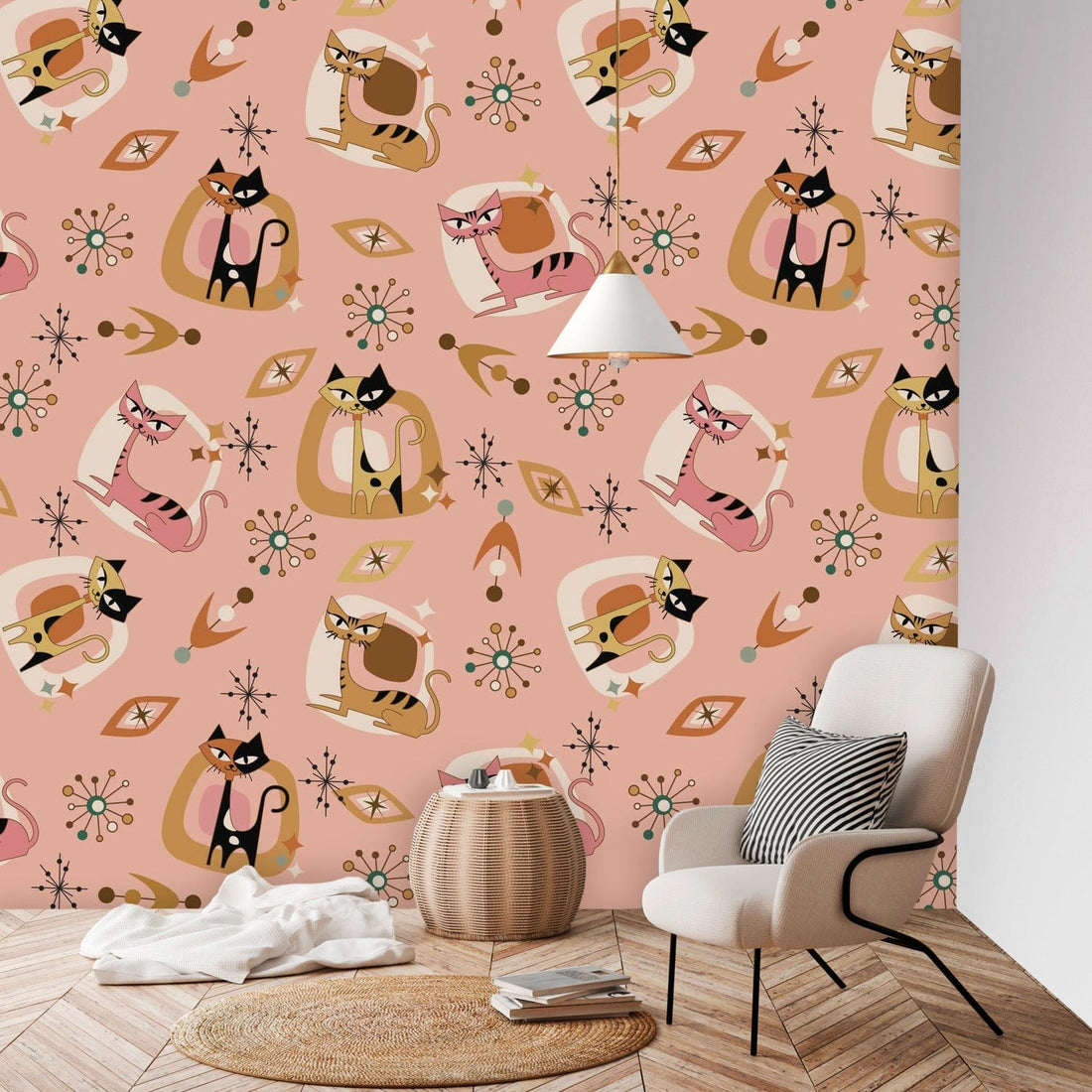 Atomic Kitschy Cat, Cat Lover, Mid Century Modern, Peel And Stick Wall Murals Wallpaper H96 x W100