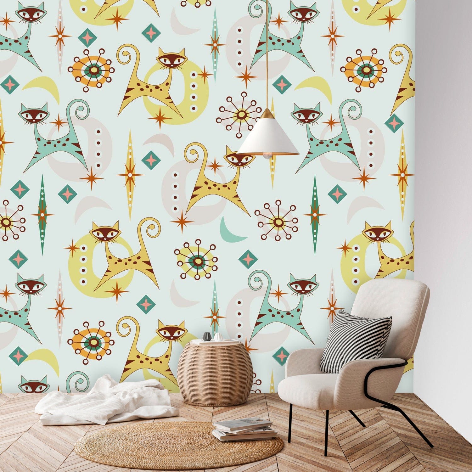 Crazy Cat Mom, Kitschy Mid Century Modern Wallpaper, Peel And Stick Wall Murals Wallpaper H96 x W100