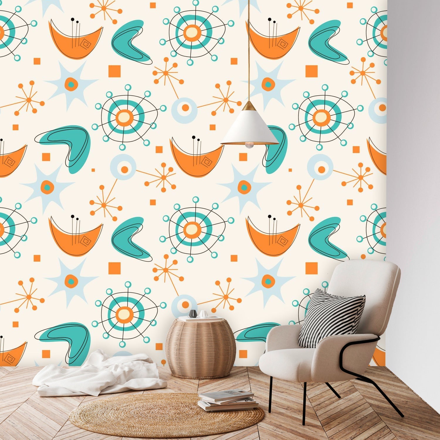 Mid Century Modern Atomic Boomerange, Wallpaper, Peel And Stick, Orange, Teal Beige Wall Murals Wallpaper H96 x W100