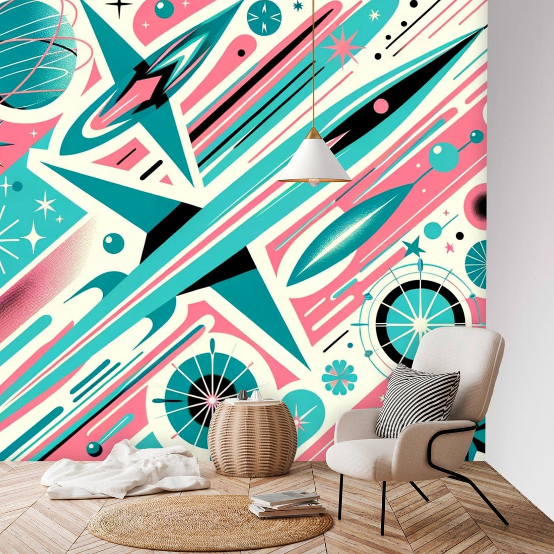 Mid Century Modern Atomic Space, Pink, Aqua, Modern Peel And Stick Wall Murals Wallpaper H96 x W100
