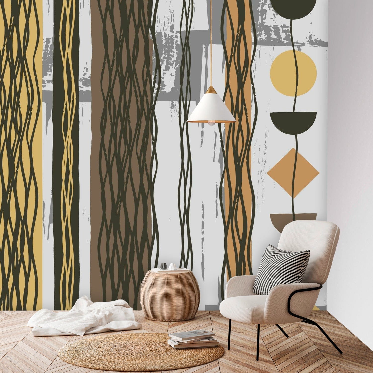 Mid Century Modern Boho Abstract, Retro Brown, Yellow, White, Gray Peel And Stick Wall Murals Wallpaper H96 x W100