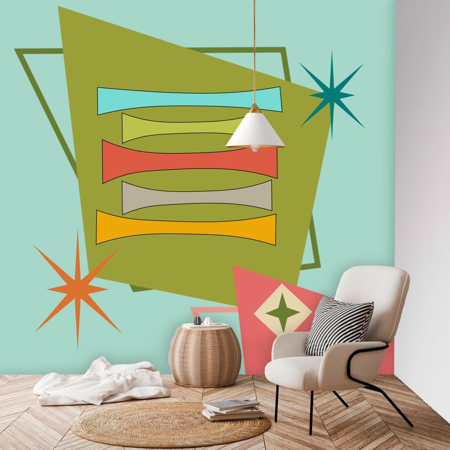 Mid Century Modern, Geometric Starburst, MCM Peel And Stick Wall Murals Wallpaper H96 x W100