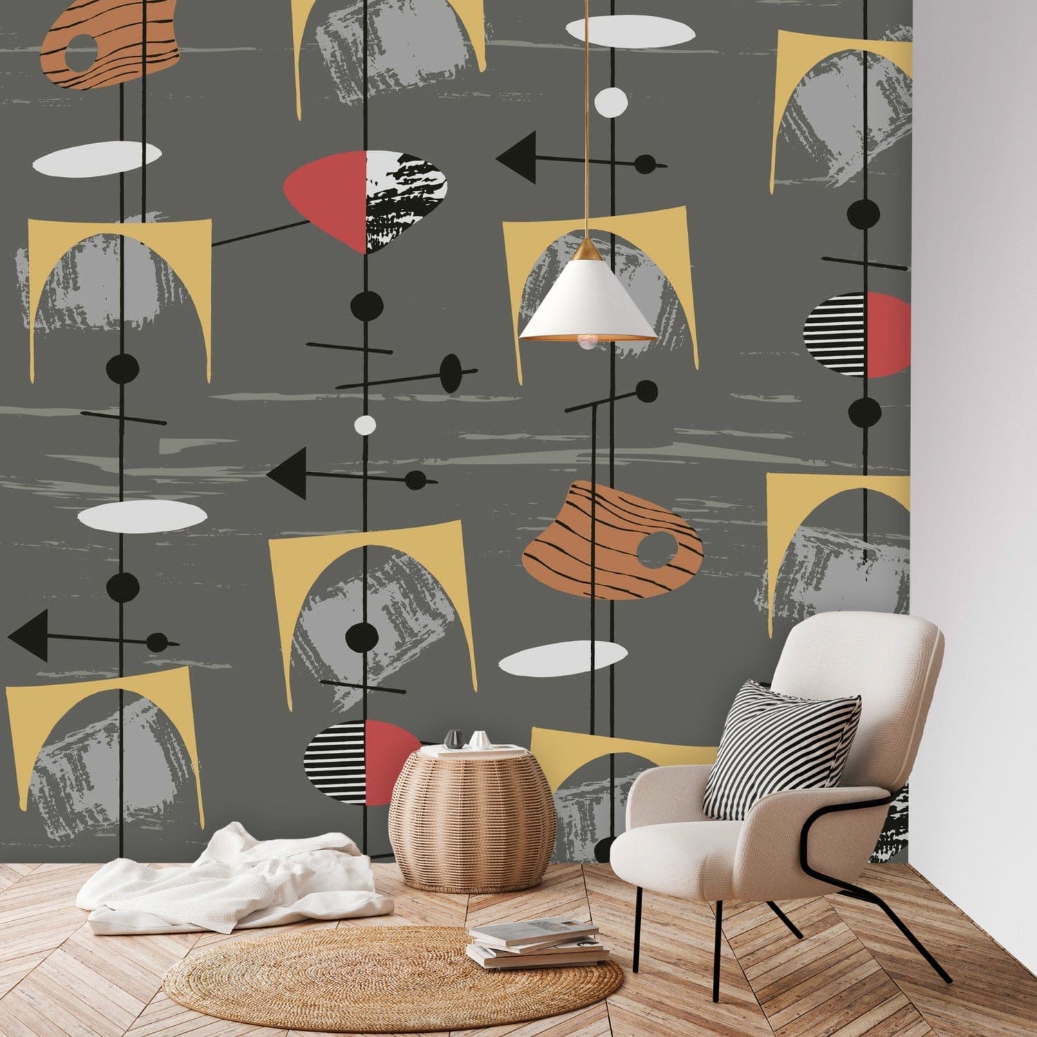Mid Century Modern Gray, Mustard Yellow, Abstract, Geometric Peel And Stick Wall Murals Wallpaper H96 x W100