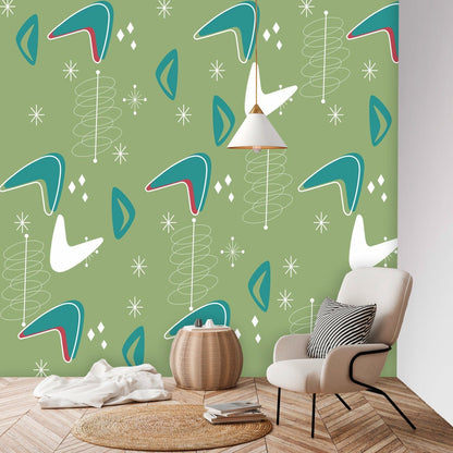 Mid Century Modern Green, Teal Boomerange Starburst MCM Wallpaper Peel And Stick Wall Murals Wallpaper H96 x W100