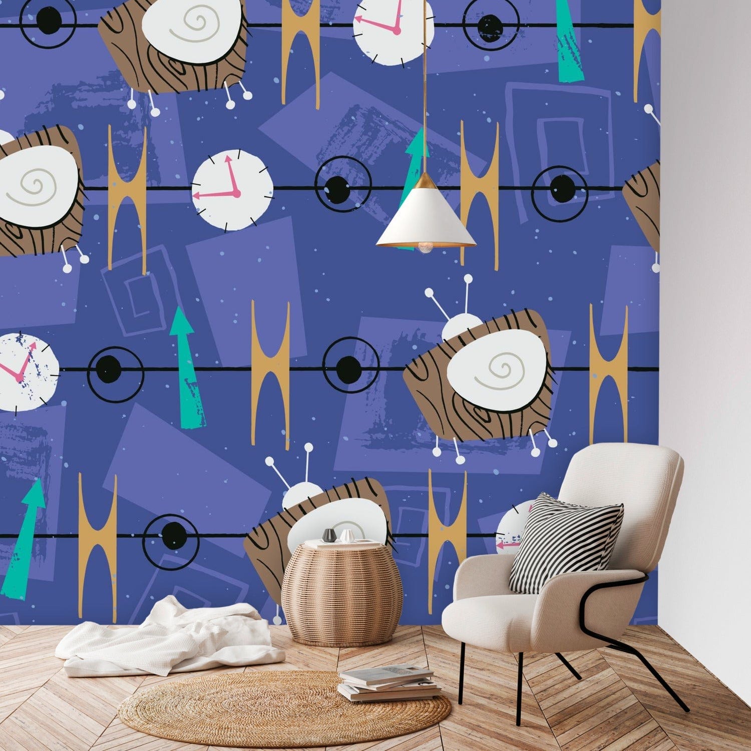 Mid Century Modern, Kitschy Fun Periwinkle, Abstract Retro TV Peel And Stick Wall Murals Wallpaper H96 x W100