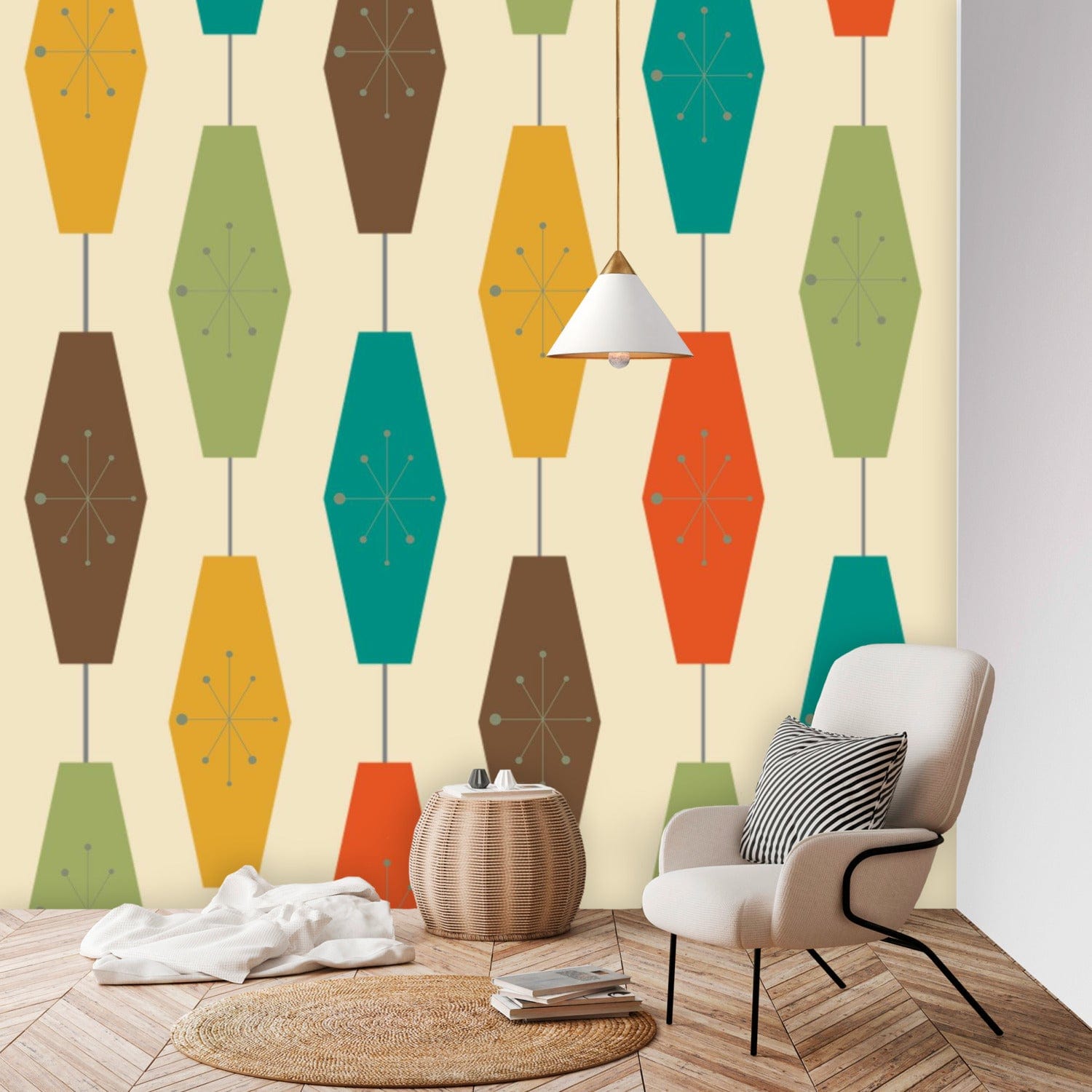 Mid Century Modern Peel And Stick, Retro Geometric Groovy Lights, Atomic Starburst Pattern Wall Murals Wallpaper H96 x W100