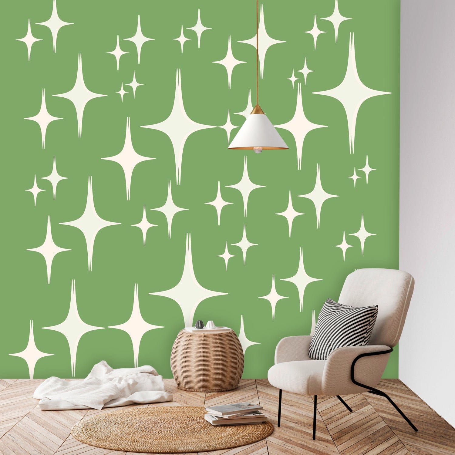 Mid Century Modern Wallpaper, Atomic Starbursts, Green 50&