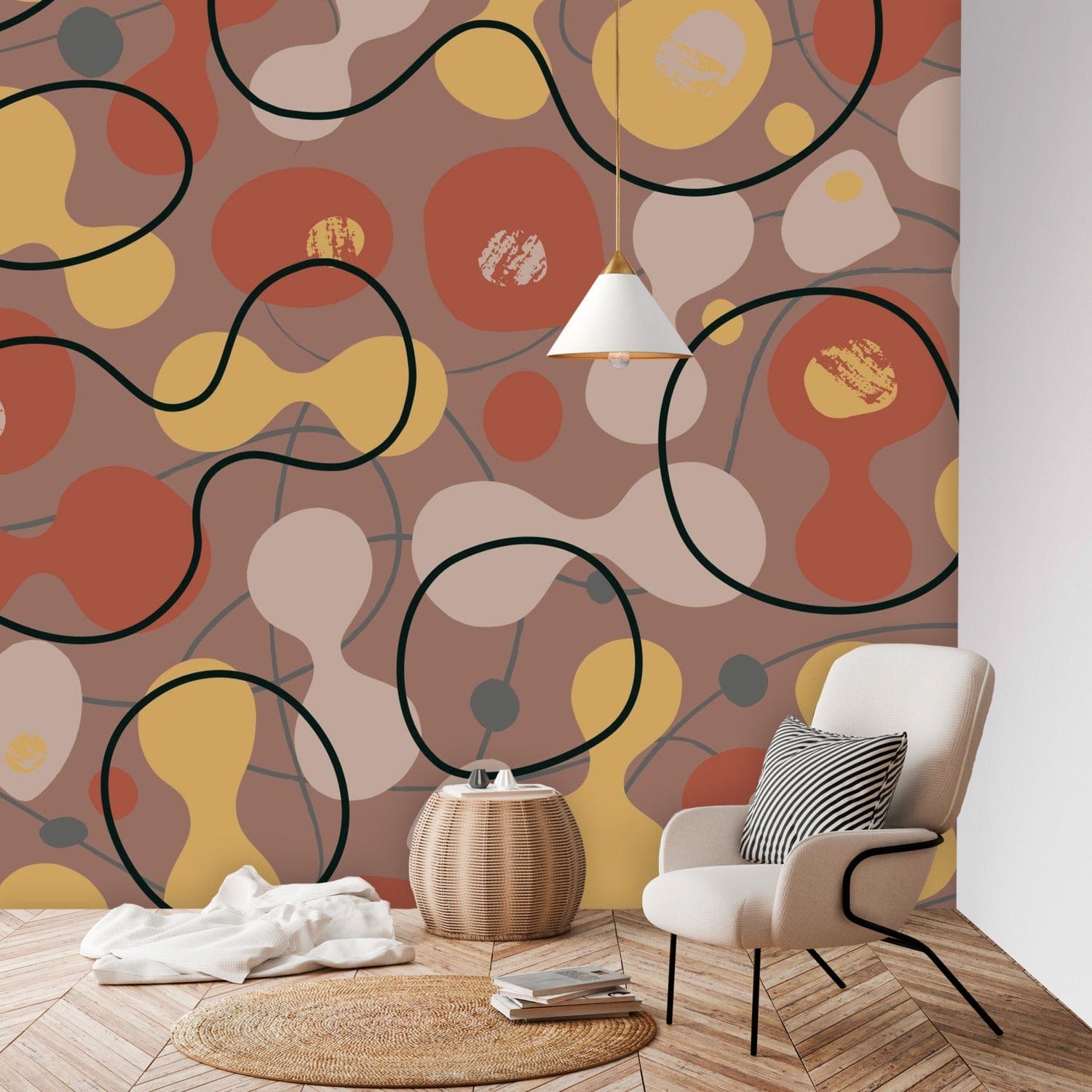 Mid Century Modern Wallpaper Boho Abstract Geometric, Brown, Yellow, Black, Beige, Terracotta Retro Peel And Stick Wallpaper Wallpaper H96 x W100