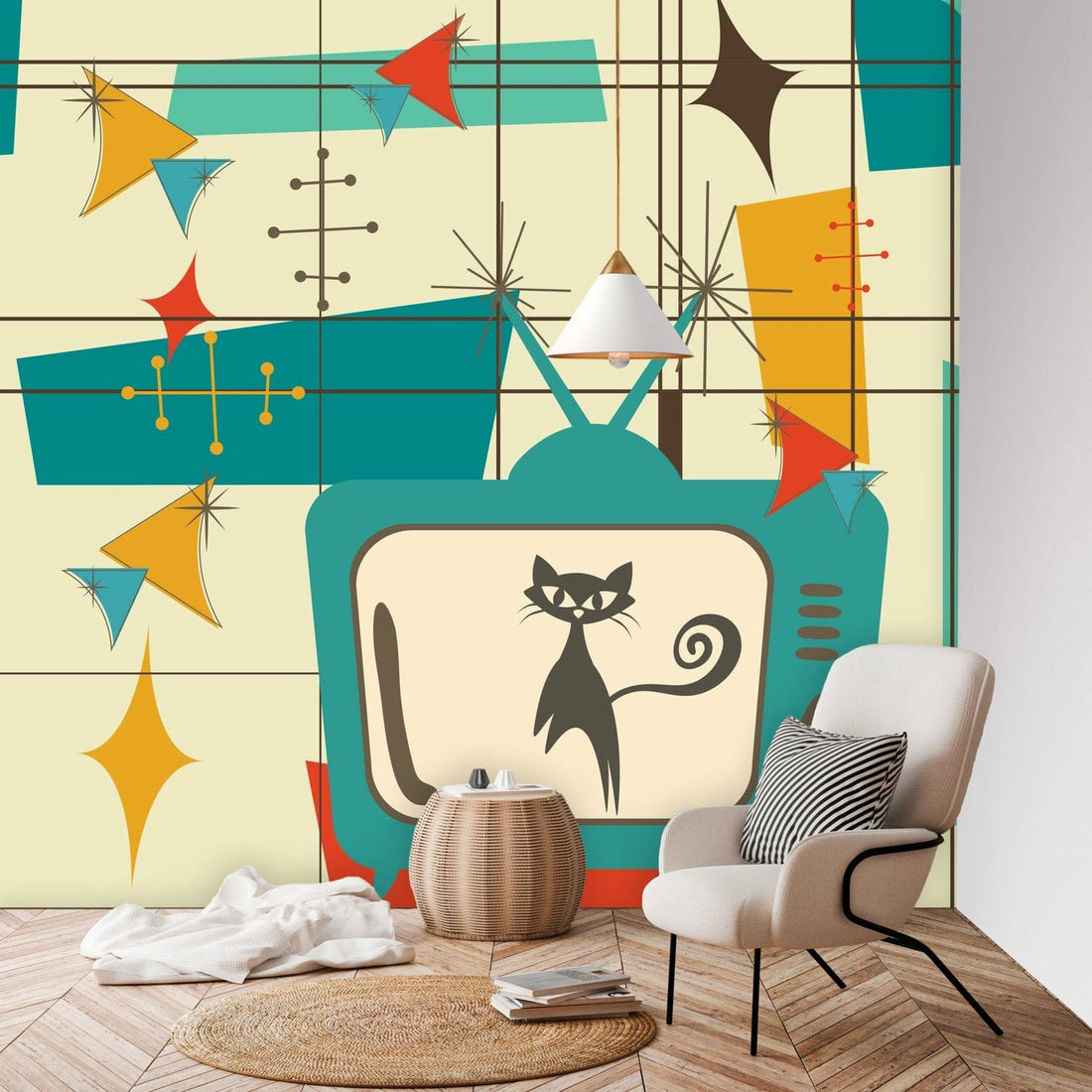 Mid Century Modern Wallpaper, Geometric, Space Atomic Cat, Kitschy Peel And Stick Wall Murals Wallpaper H96 x W100