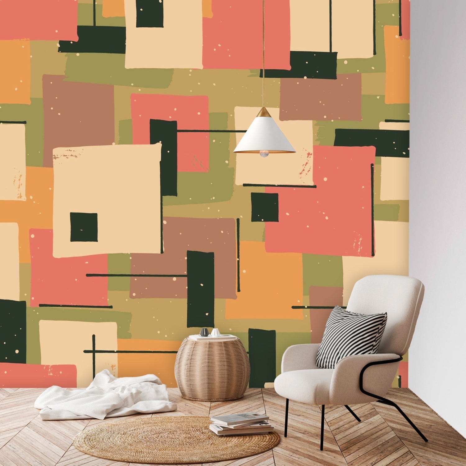 Mid Century Modern Wallpaper, Salmon, Green, Black, Orange, Geometric Retro Peel And Stick Wallpaper H96 x W100