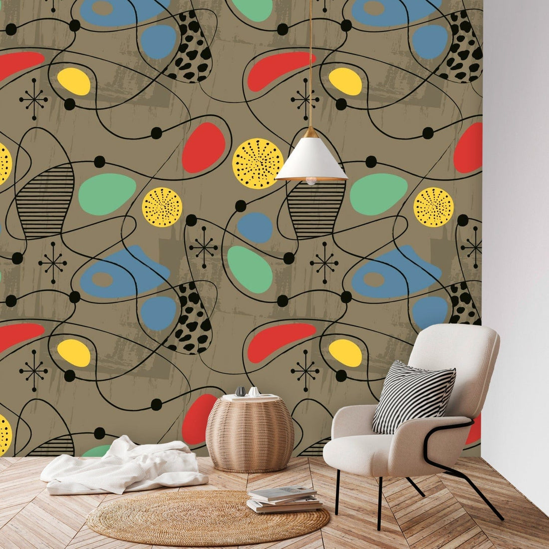 Mid Century Modern Wallpaper Sand Brown, Abstract Retro Atomic Starburst Peel And Stick Wall Murals Wallpaper H96 x W100