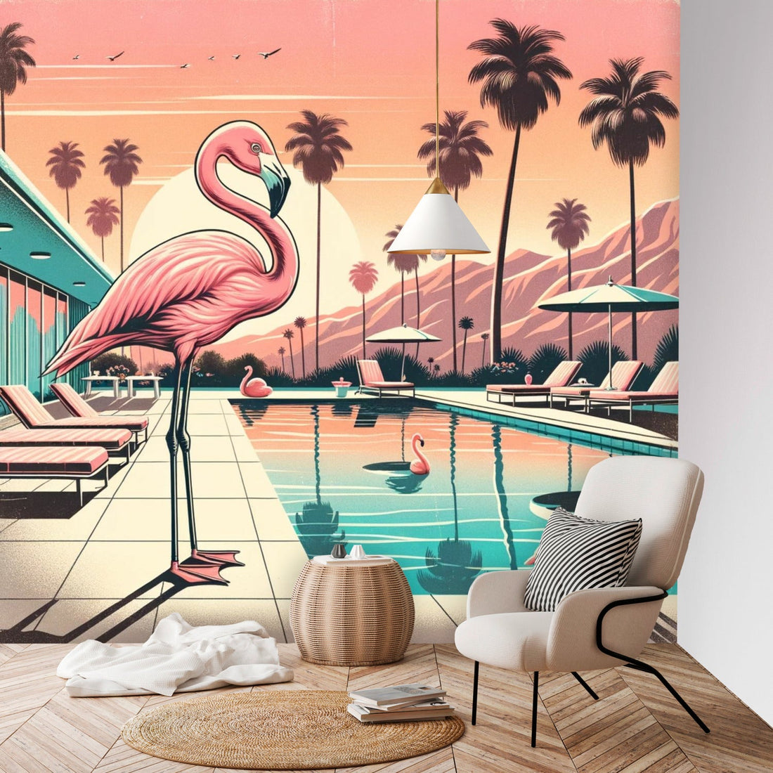 Palm Springs,California, Vintage Inspired Kitschy 50s Flamingos Wall Murals Wallpaper H96 x W100