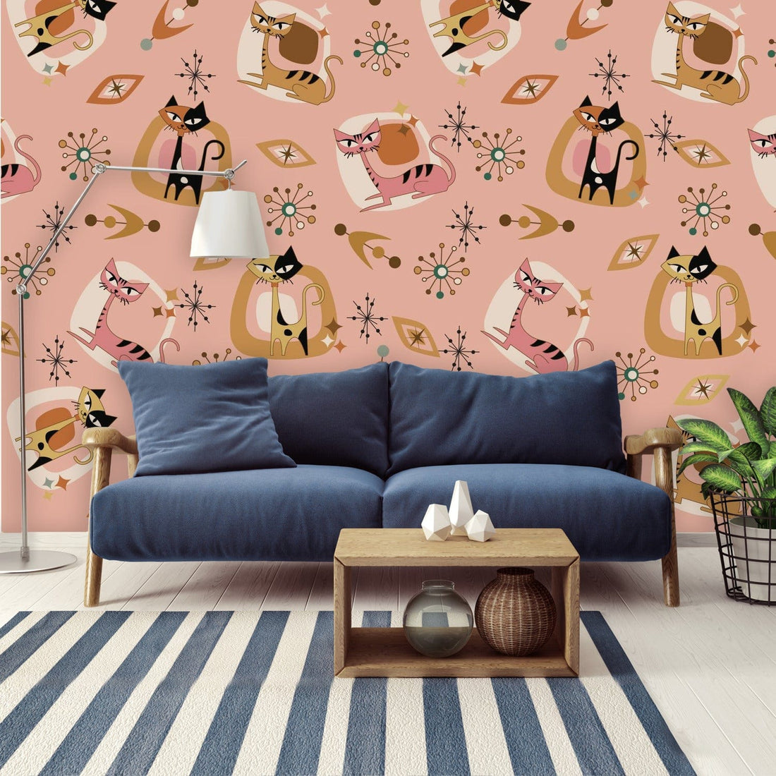 Atomic Kitschy Cat, Cat Lover, Mid Century Modern, Peel And Stick Wall Murals Wallpaper H96 x W140