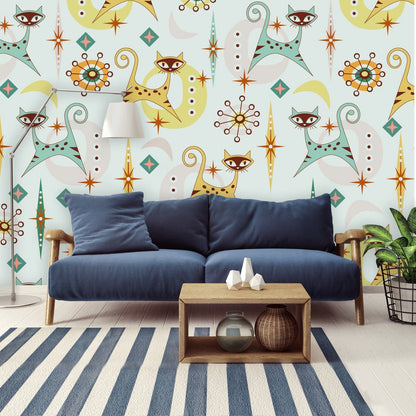 Crazy Cat Mom, Kitschy Mid Century Modern Wallpaper, Peel And Stick Wall Murals Wallpaper H96 x W140