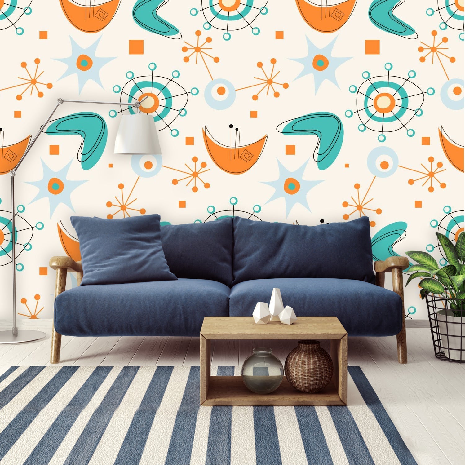 Mid Century Modern Atomic Boomerange, Wallpaper, Peel And Stick, Orange, Teal Beige Wall Murals Wallpaper H96 x W140