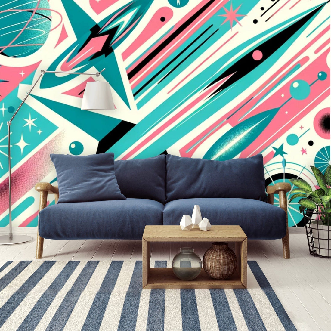 Mid Century Modern Atomic Space, Pink, Aqua, Modern Peel And Stick Wall Murals Wallpaper H96 x W140