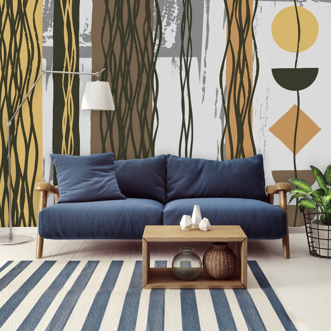 Mid Century Modern Boho Abstract, Retro Brown, Yellow, White, Gray Peel And Stick Wall Murals Wallpaper H96 x W140