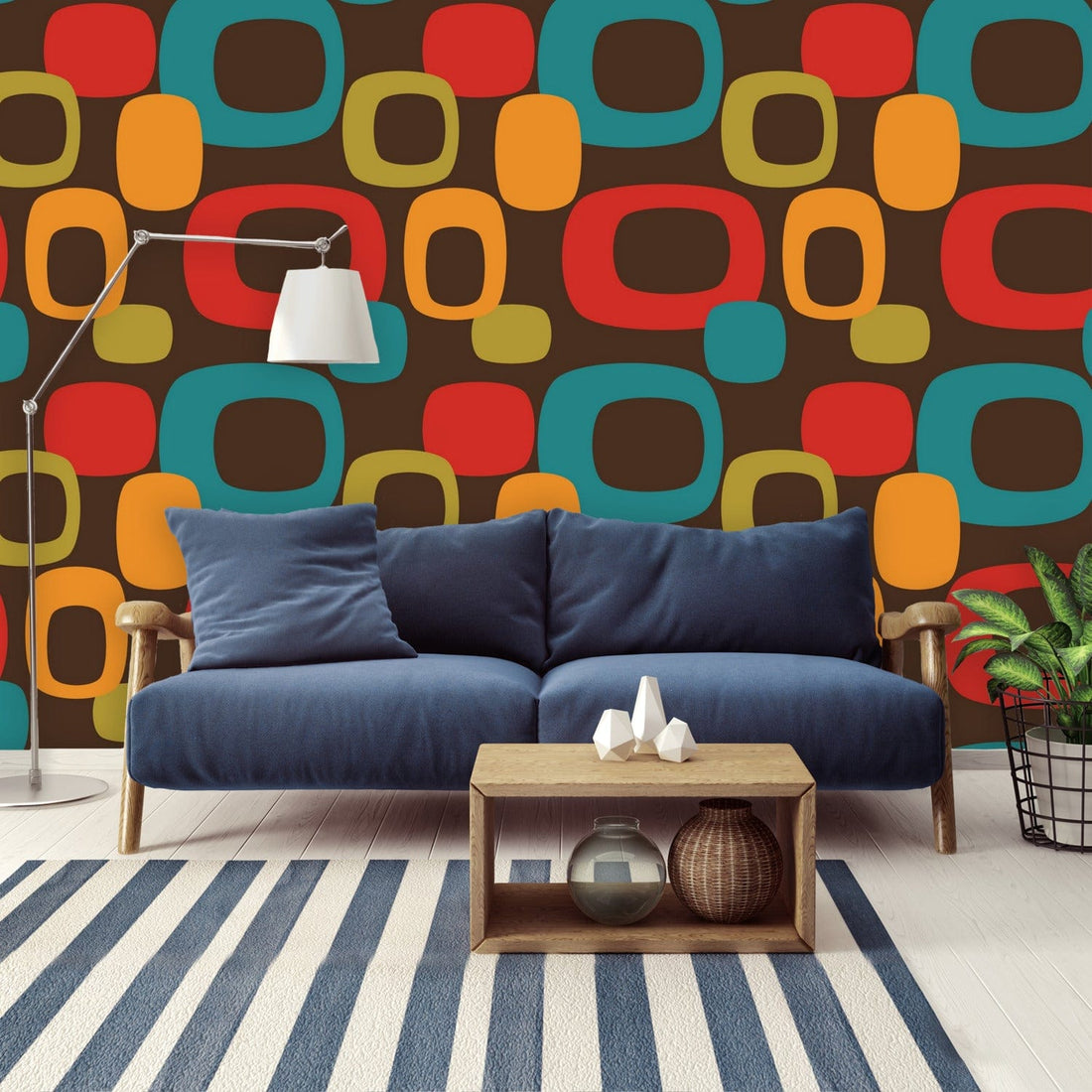 Mid Century Modern Chocolate Brown, Geometric, Retro Peel And Stick Wallpaper Wall Murals Wallpaper H96 x W140