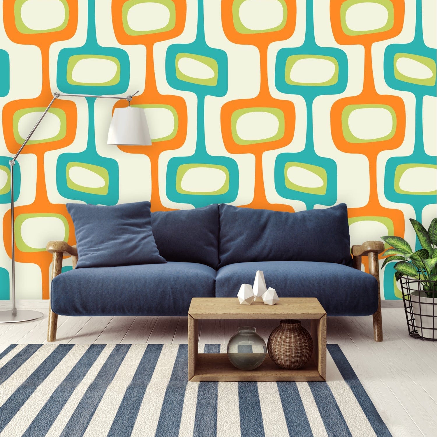 Mid Century Modern, Googie Designs, Orange, Green, Teal Blue Peel And Stick Wall Murals Wallpaper H96 x W140