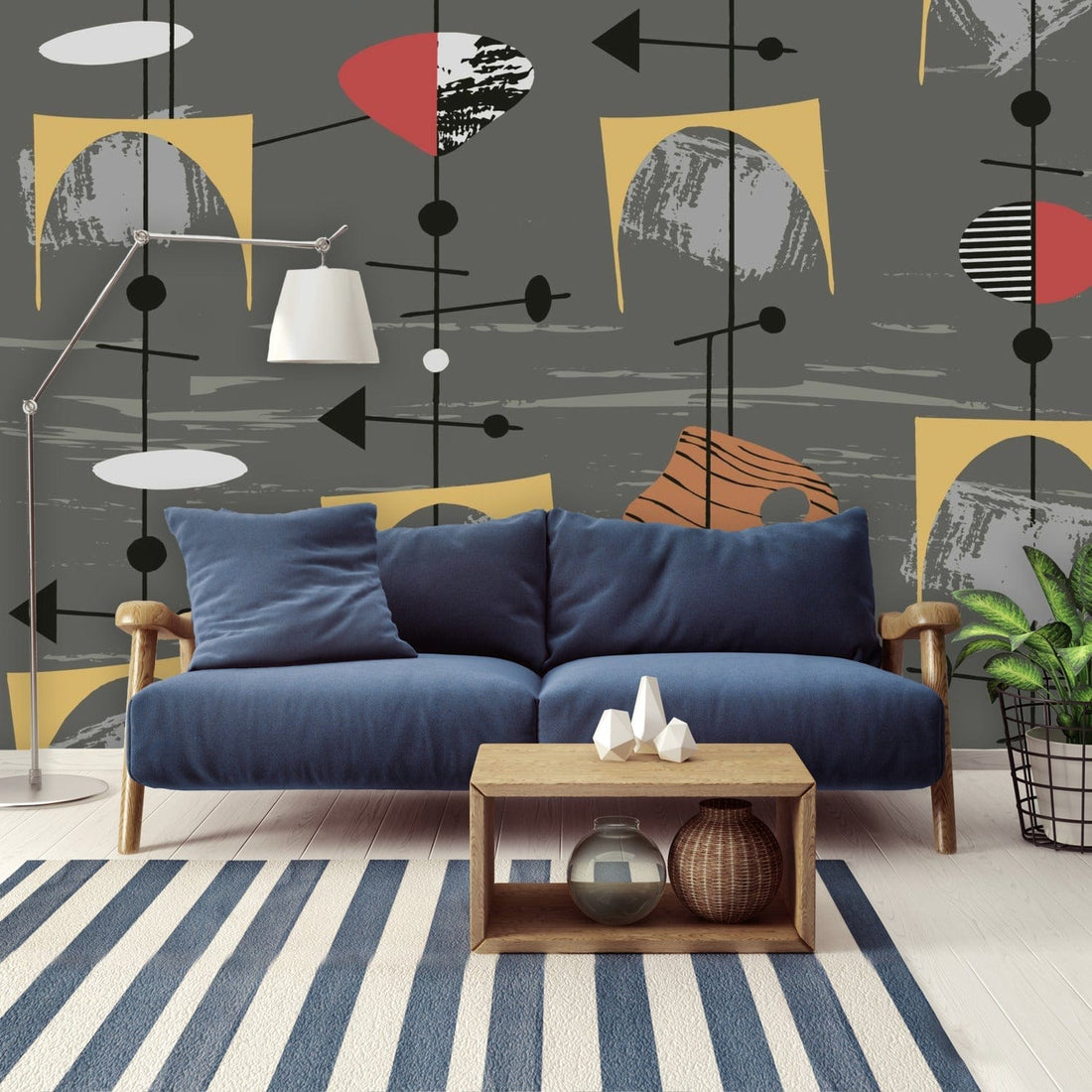 Mid Century Modern Gray, Mustard Yellow, Abstract, Geometric Peel And Stick Wall Murals Wallpaper H96 x W140