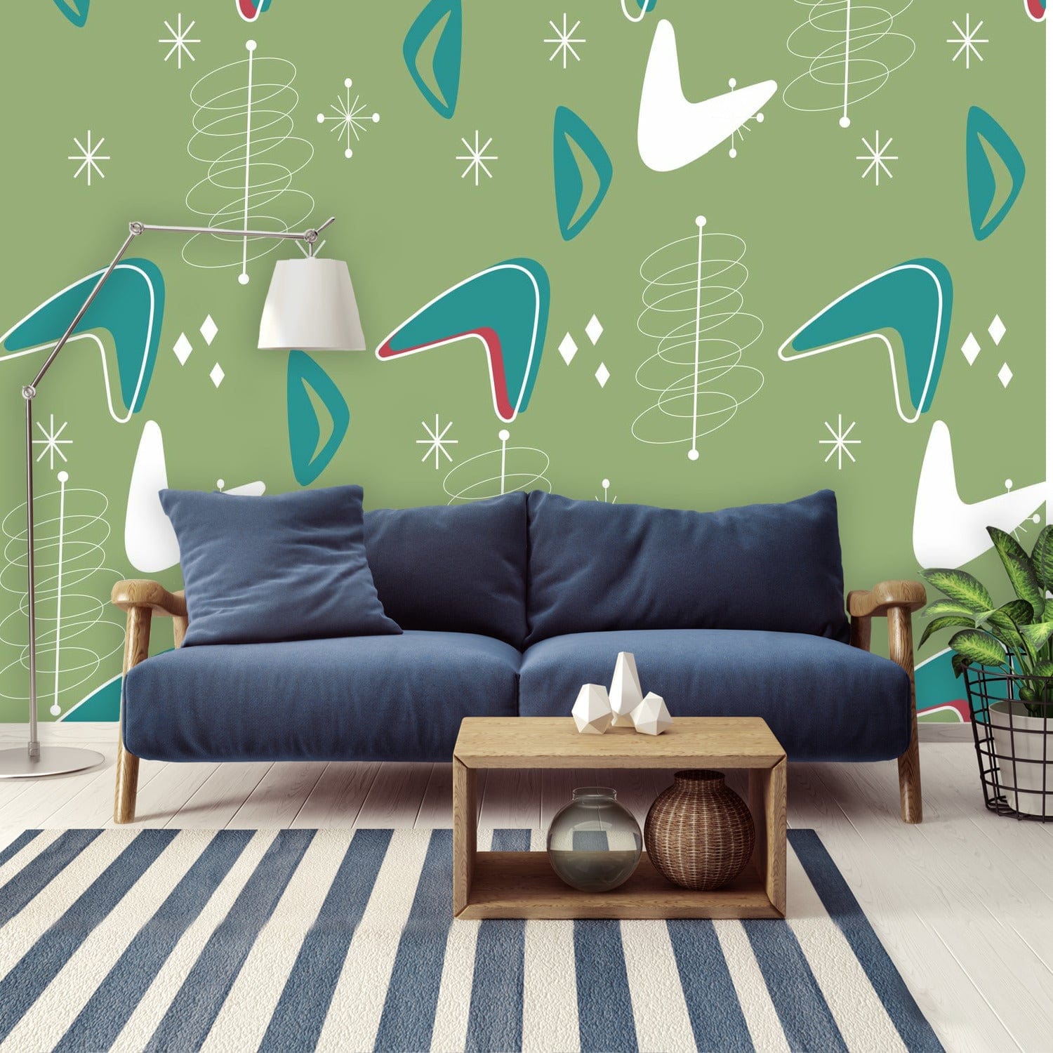 Mid Century Modern Green, Teal Boomerange Starburst MCM Wallpaper Peel And Stick Wall Murals Wallpaper H96 x W140