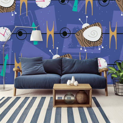 Mid Century Modern, Kitschy Fun Periwinkle, Abstract Retro TV Peel And Stick Wall Murals Wallpaper H96 x W140
