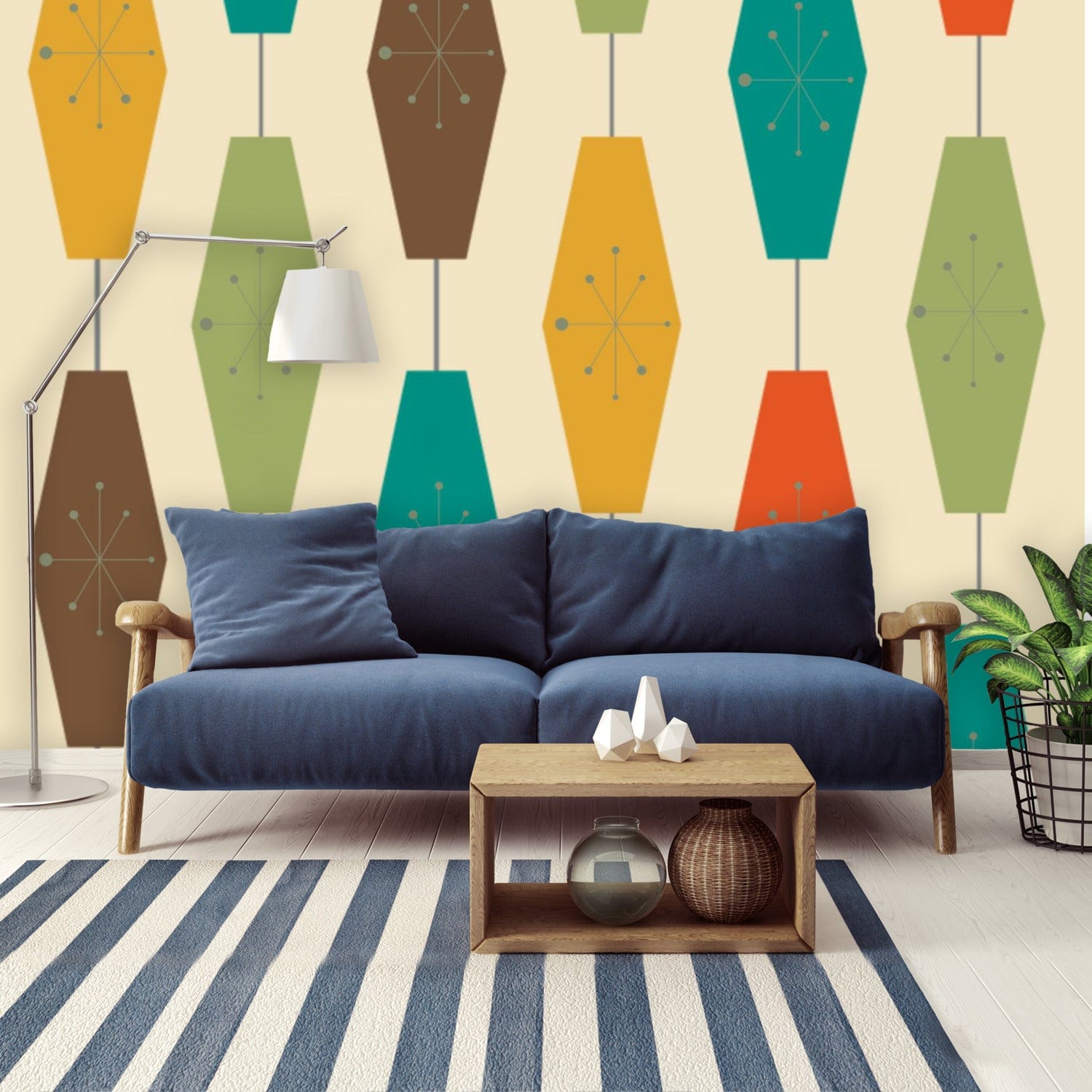 Mid Century Modern Peel And Stick, Retro Geometric Groovy Lights, Atomic Starburst Pattern Wall Murals Wallpaper H96 x W140