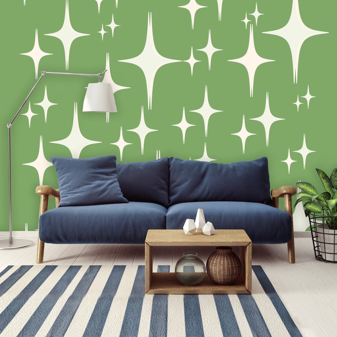Mid Century Modern Wallpaper, Atomic Starbursts, Green 50&