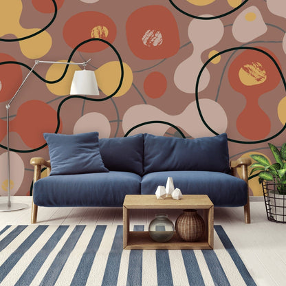Mid Century Modern Wallpaper Boho Abstract Geometric, Brown, Yellow, Black, Beige, Terracotta Retro Peel And Stick Wallpaper Wallpaper H96 x W140