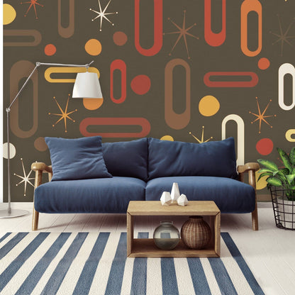 Mid Century Modern Wallpaper, Peel And Stick, Chocolate Brown, Atomic Starburst Wall Murals Wallpaper H96 x W140