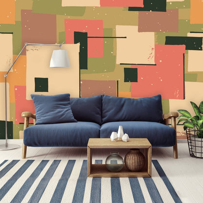 Mid Century Modern Wallpaper, Salmon, Green, Black, Orange, Geometric Retro Peel And Stick Wallpaper H96 x W140