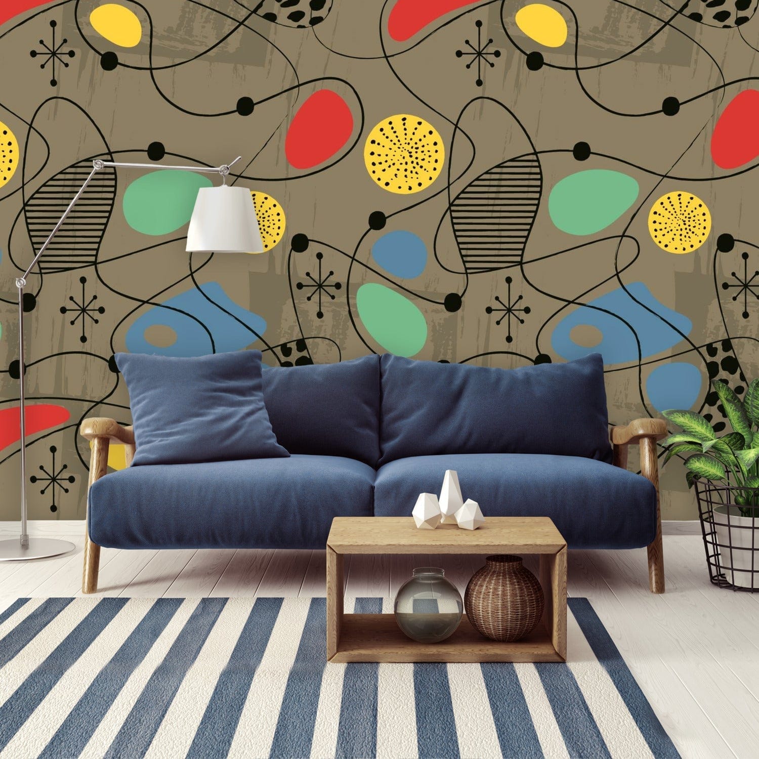 Mid Century Modern Wallpaper Sand Brown, Abstract Retro Atomic Starburst Peel And Stick Wall Murals Wallpaper H96 x W140