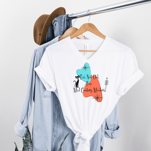 I'm Not Old, I' Mid Century Modern(™) , Atomic Cat, Boomerangs, Mid Mod Funny Milestone Birthday  Retro V-Neck Tee For Women