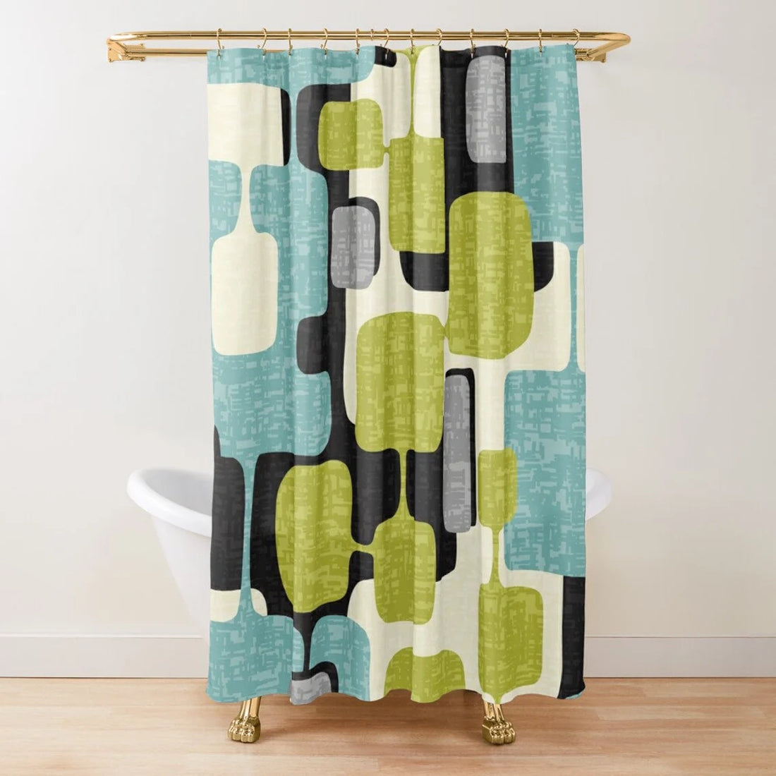 Mid Century Modern Geometric Mod Shower Curtain, Black, Gray, Aqua, Green Bath Decor